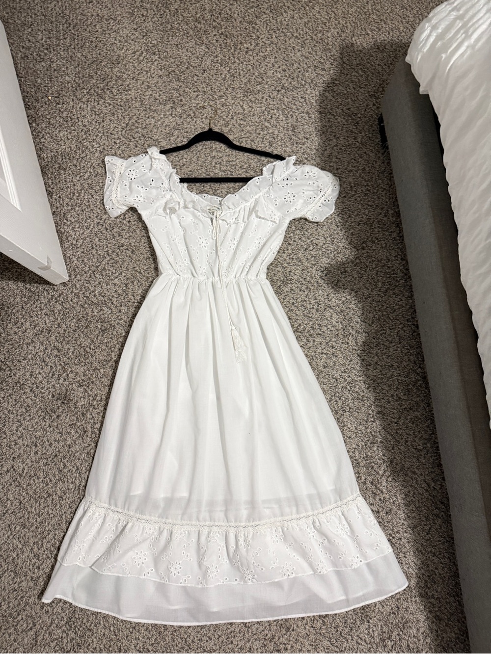 EARTHBOUND White Eyelet Midi Dress with Puff Sleeves and Ruffle Hem